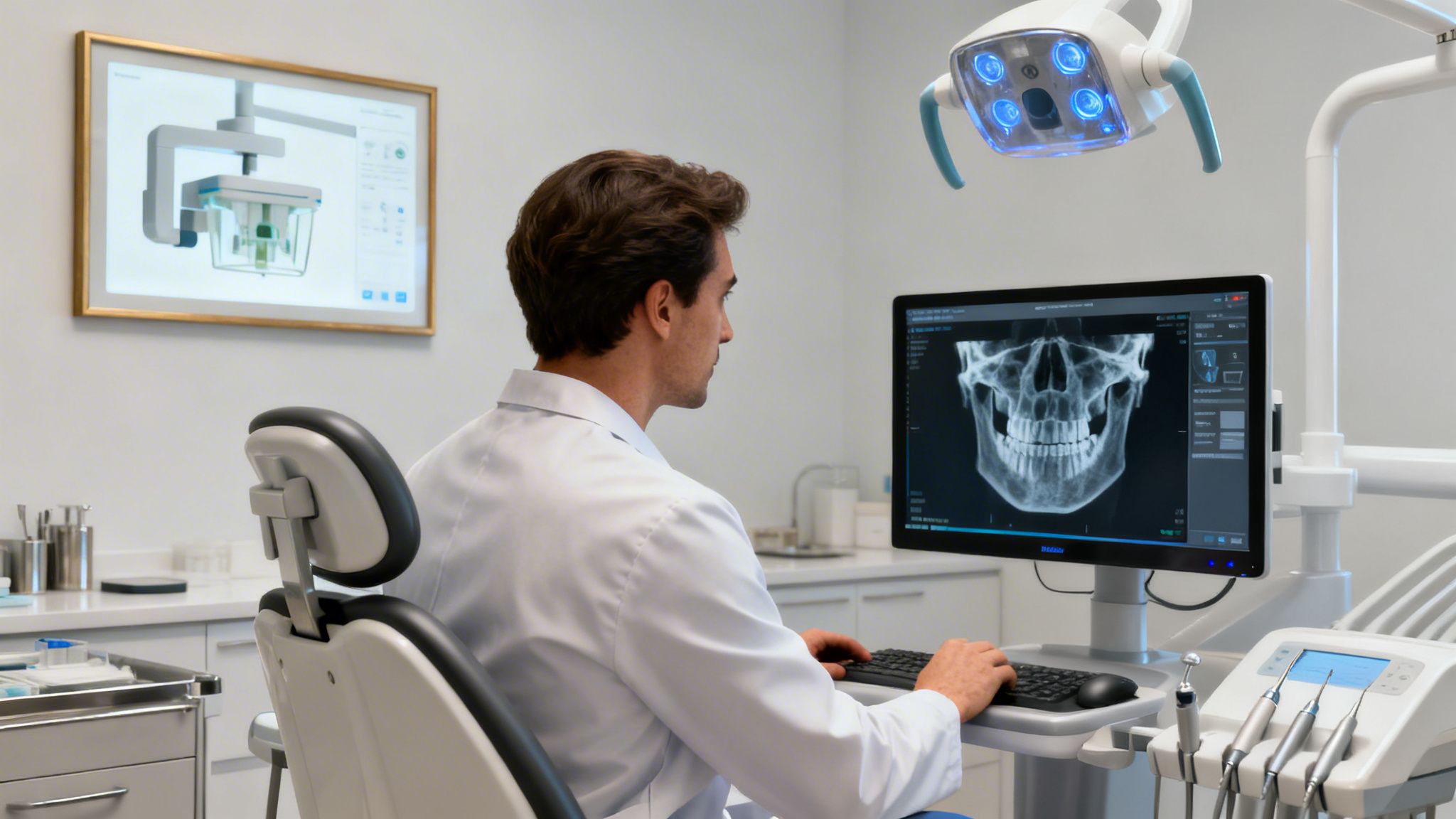 A male dentist examines a patient's skull X-ray on a computer in a high-tech dental office.
