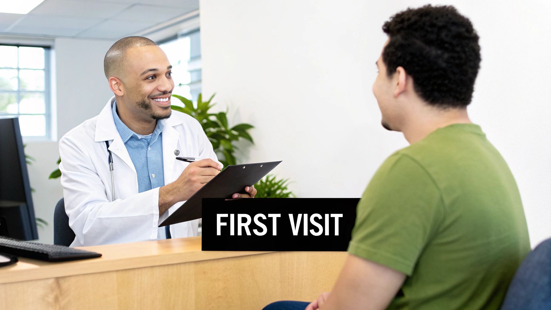 A smiling male doctor in a lab coat takes notes while talking to a male patient during his first visit.