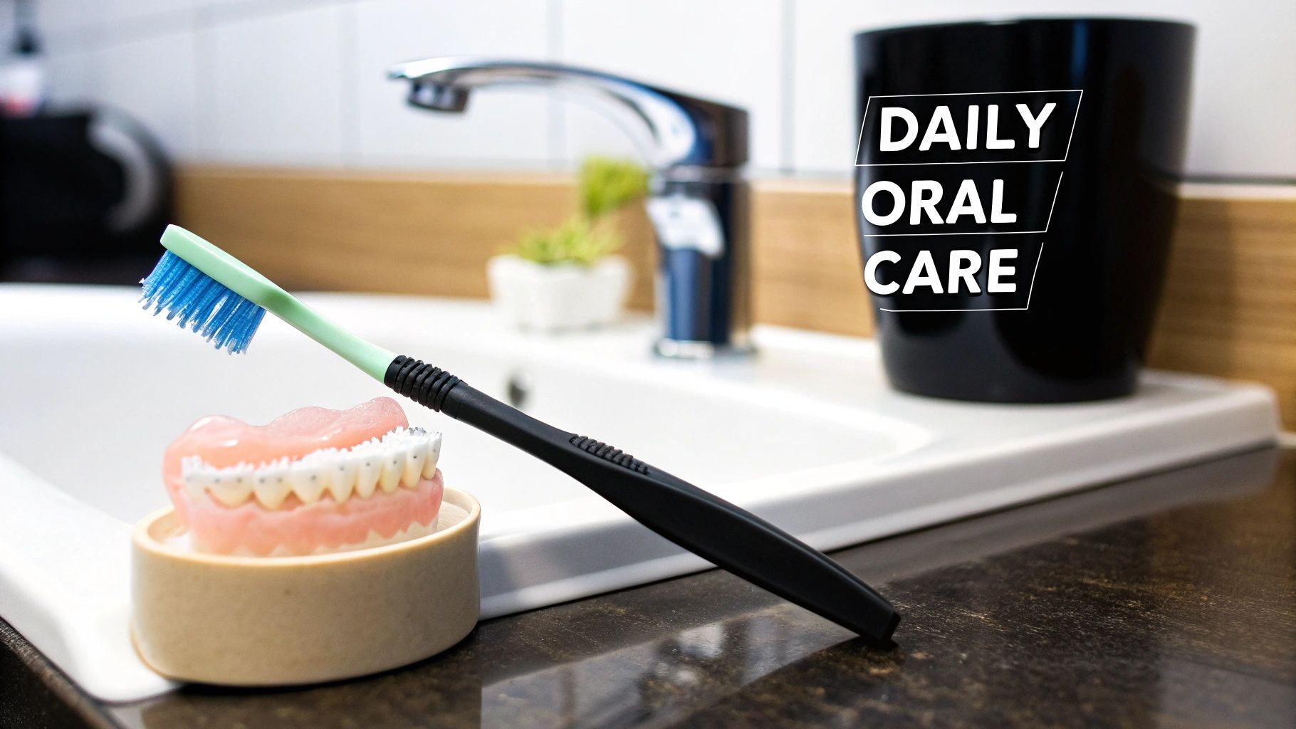 A toothbrush, denture model, and a black cup with 'Daily Oral Care' text in a bathroom.