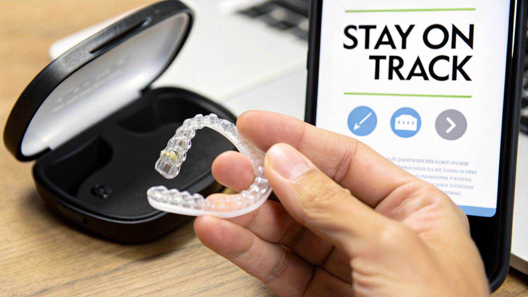 A person holds a clear dental aligner next to its case and a smartphone app showing progress.