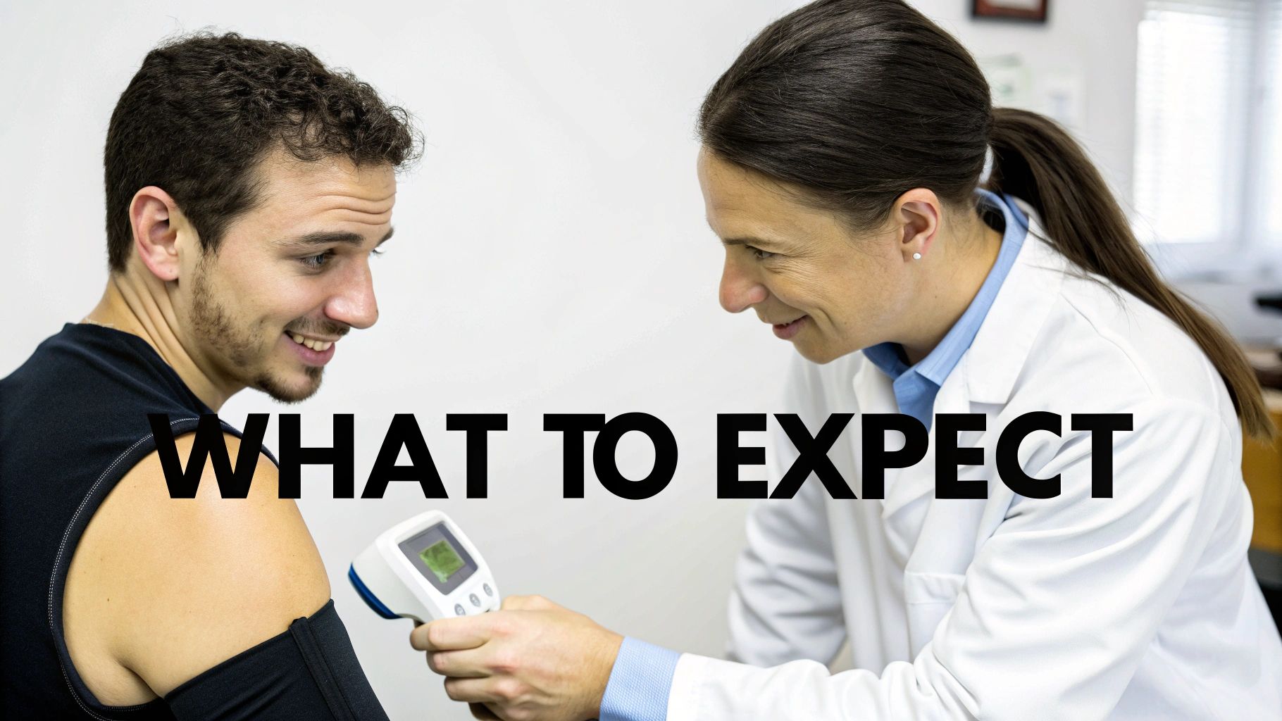 A female therapist administers a medical treatment device to a smiling man's arm in a clinic.