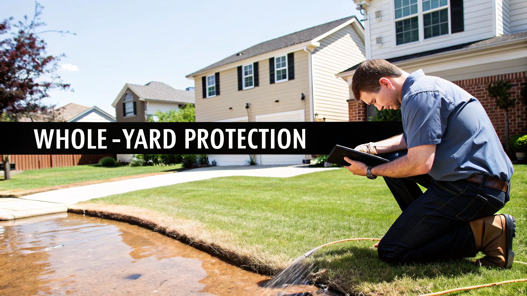 A technician kneels in a green residential yard, inspecting a water drainage system, with "WHOLE-YARD PROTECTION" text.
