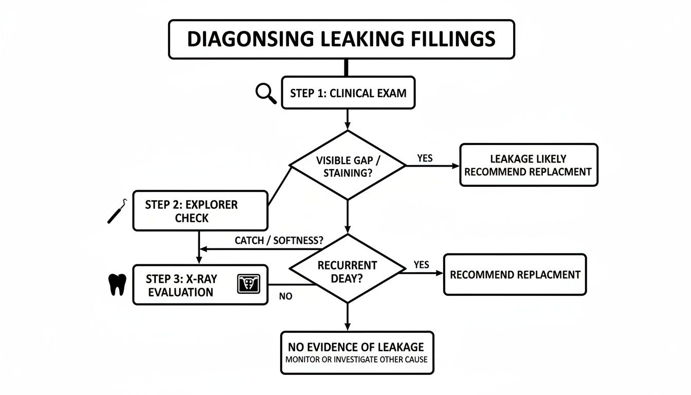 Flowchart for diagnosing leaking dental fillings, outlining steps from clinical exam to X-ray evaluation.