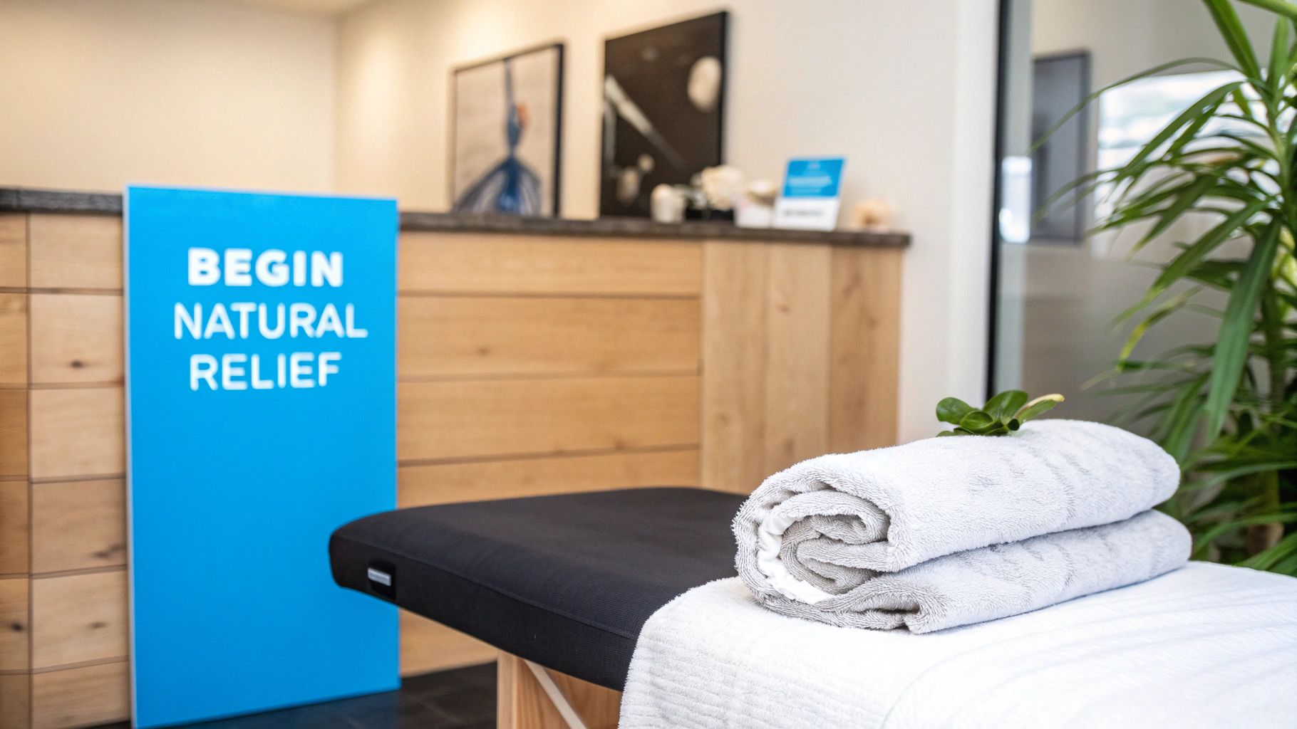 A clean therapy room featuring a massage table with rolled towels and a 'BEGIN NATURAL RELIEF' sign.