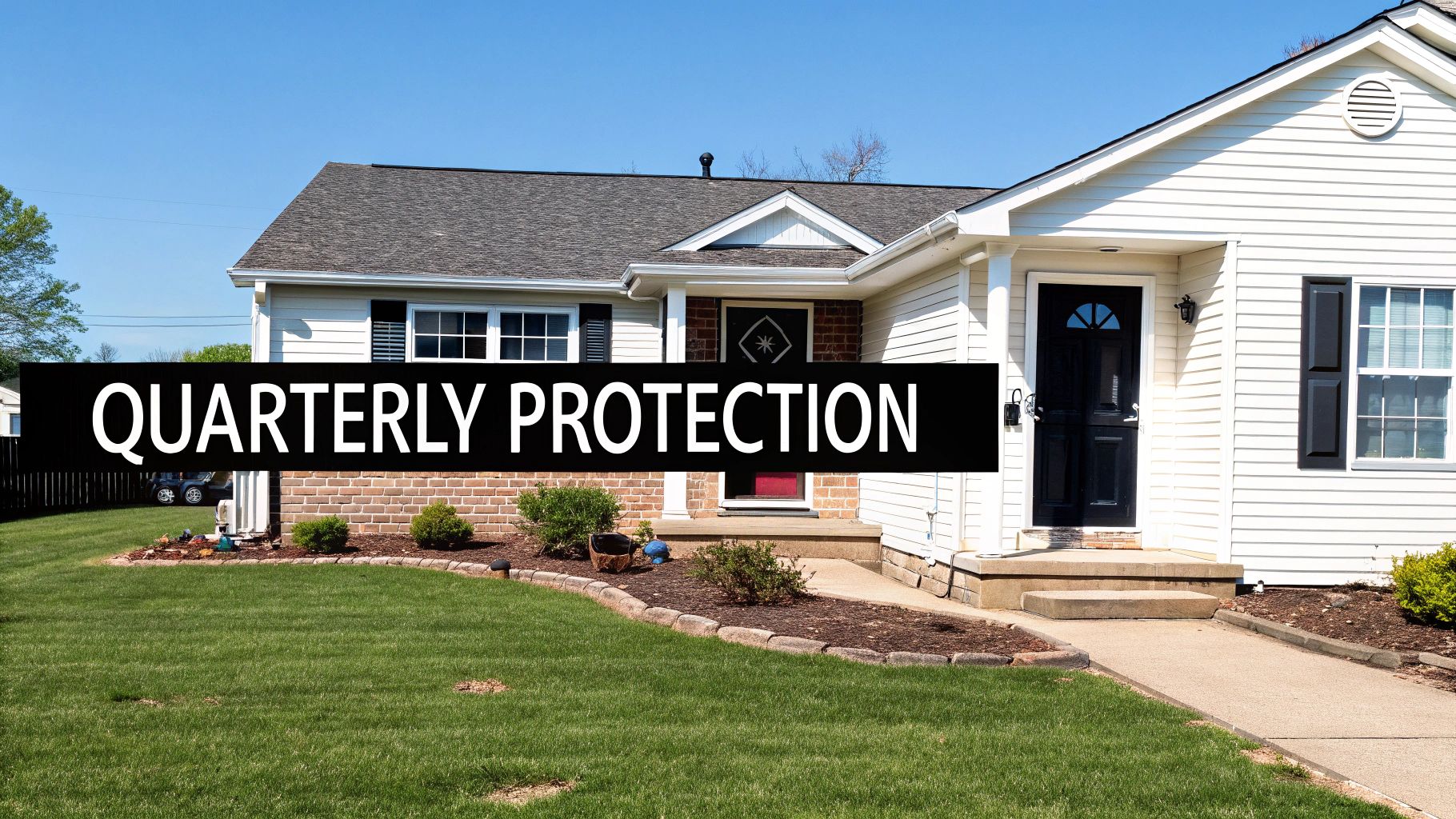 A well-maintained suburban house featuring a 'QUARTER'S PROTECTION' banner, suggesting home services.