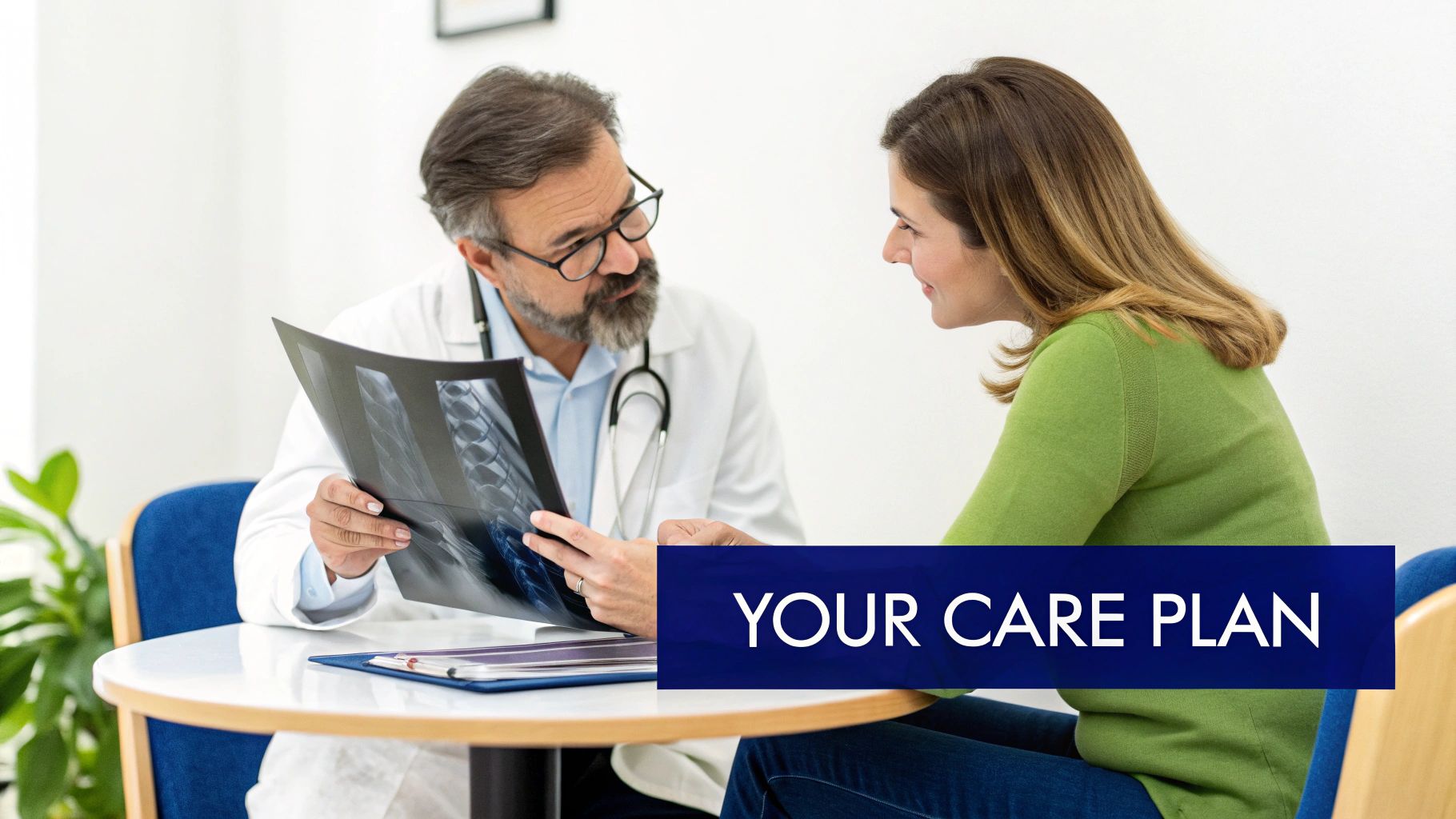 A male doctor in a white coat shows an X-ray film to a female patient, discussing her care plan.