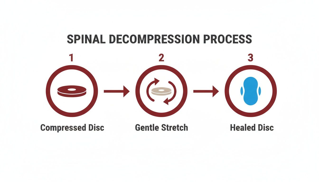 A diagram illustrating the three-step spinal decompression process: compressed disc, gentle stretch, and healed disc.