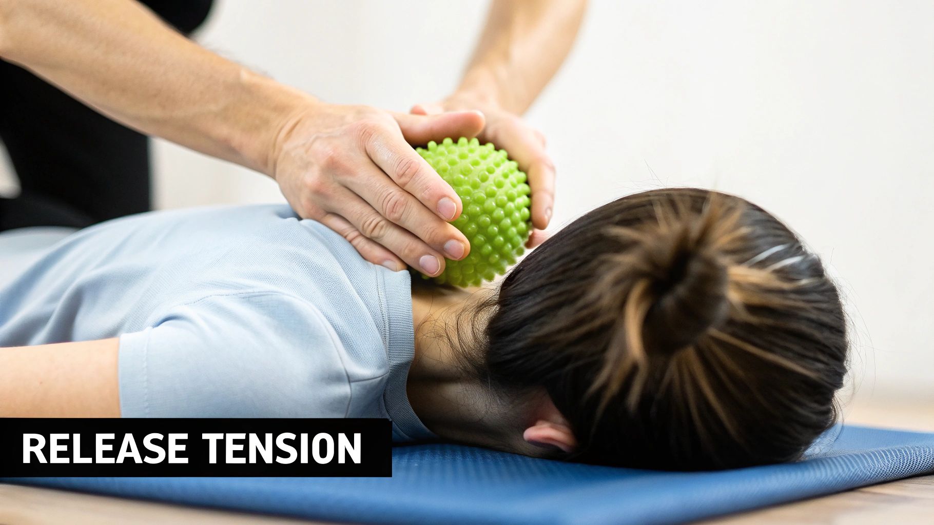 Hands use a green spiky massage ball on a person's neck to release tension.