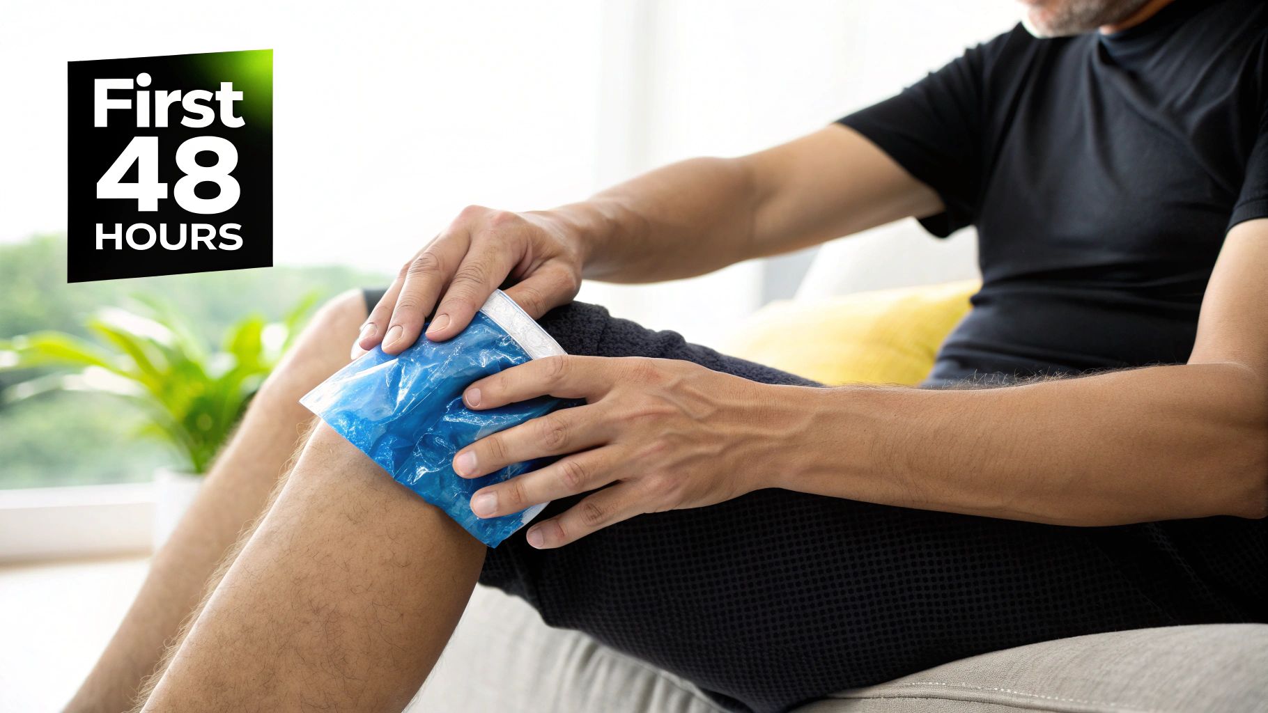 Hershey Family Chiropractic | Your Guide to Muscle Strain Treatment in Hershey, PA A person applies a blue ice pack to their knee, with text "First 48 HOURS" visible.