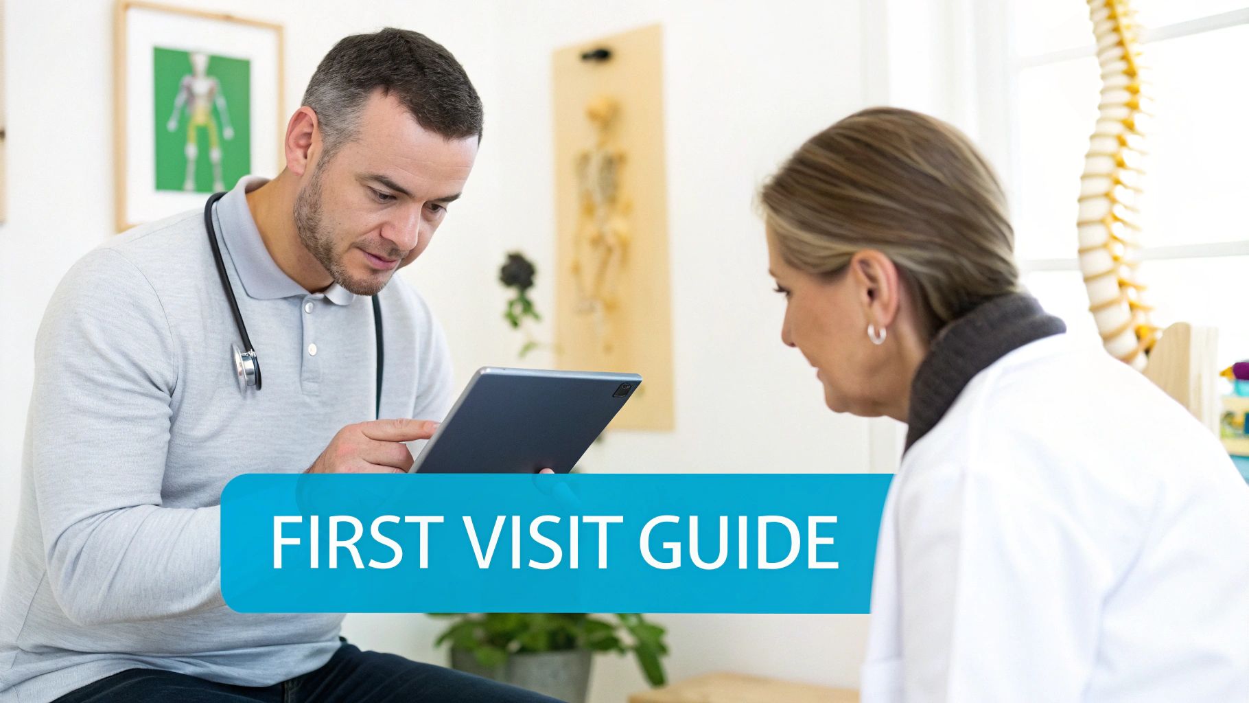 A male chiropractor consults with a female patient, using a tablet in a clinic, with 'First Visit Guide' overlay.