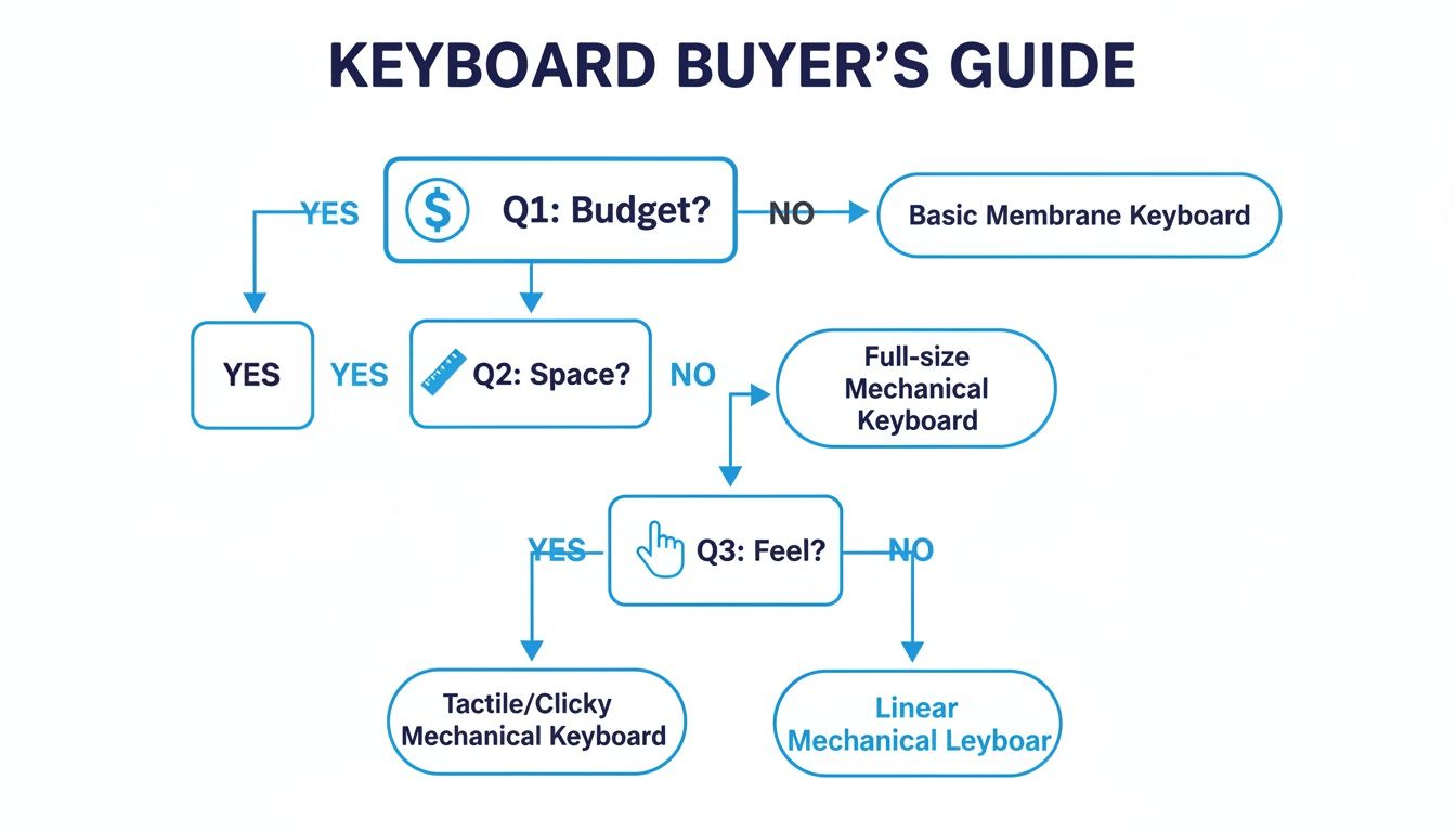 A keyboard buyer's guide flowchart to help users choose a keyboard based on budget, space, and feel.