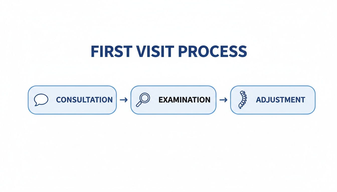 Flowchart illustrating the first chiropractic visit process: consultation, examination, and adjustment.
