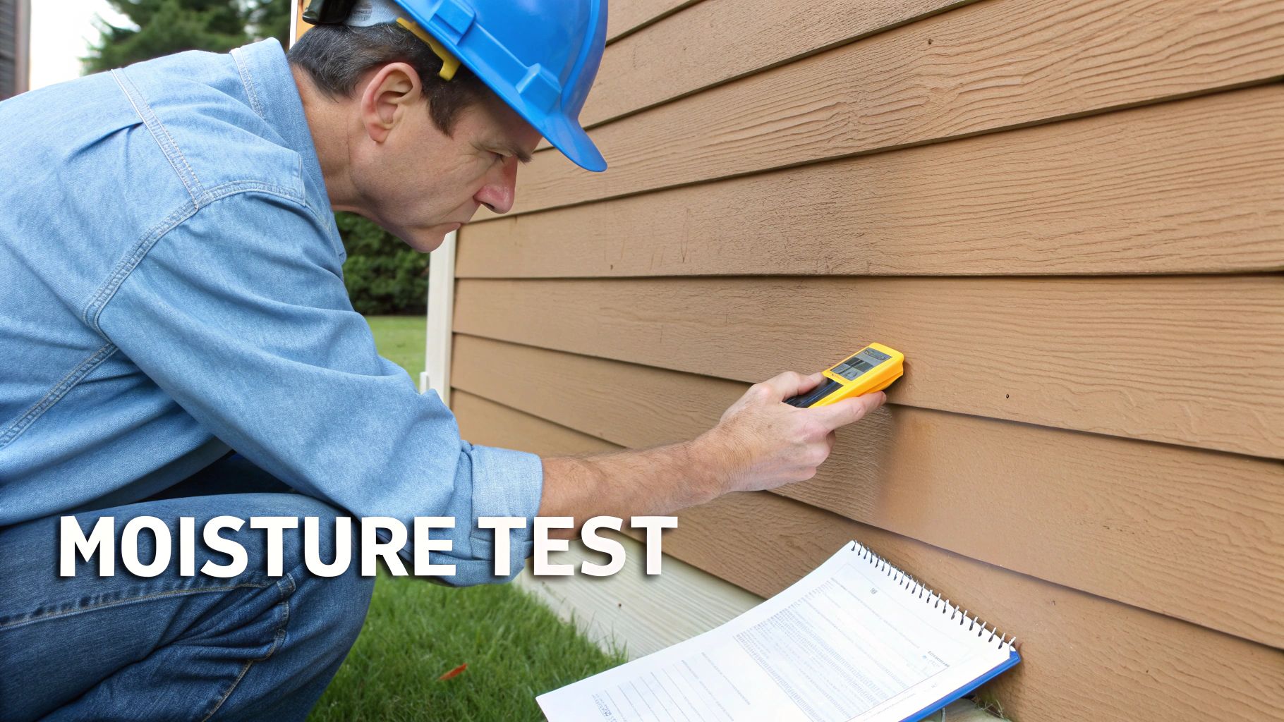 A home inspector in a blue hard hat performs a moisture test on brown house siding with a handheld meter.