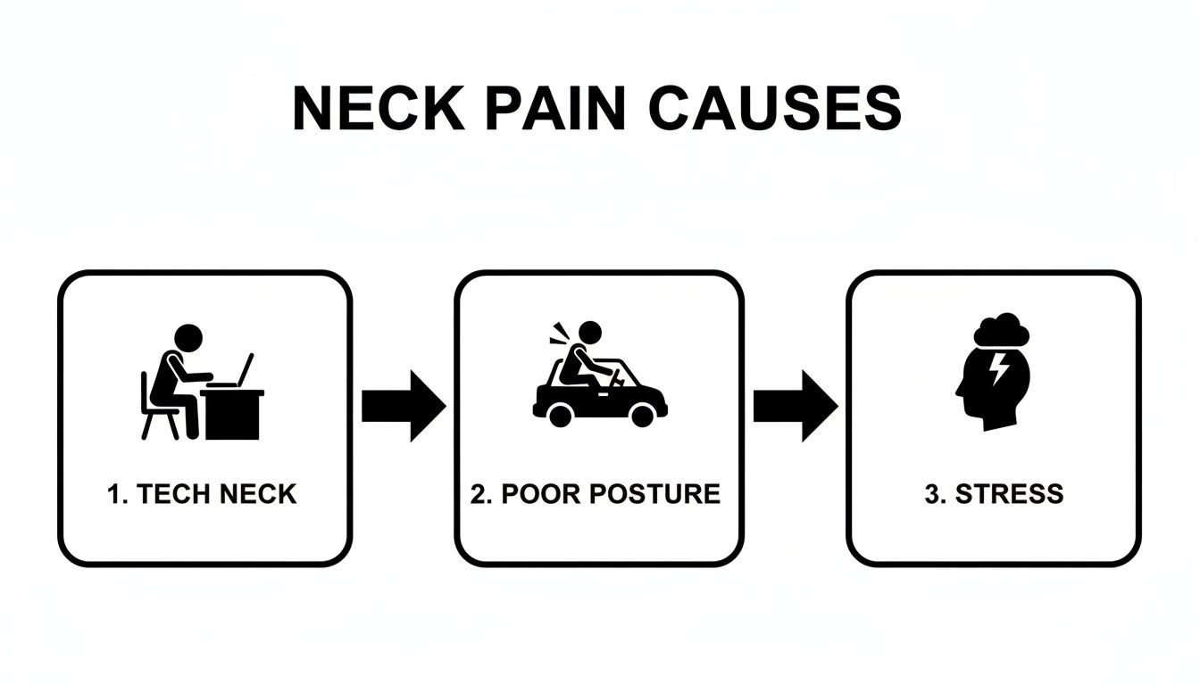 Flowchart showing three common neck pain causes: tech neck, poor posture while driving, and stress.