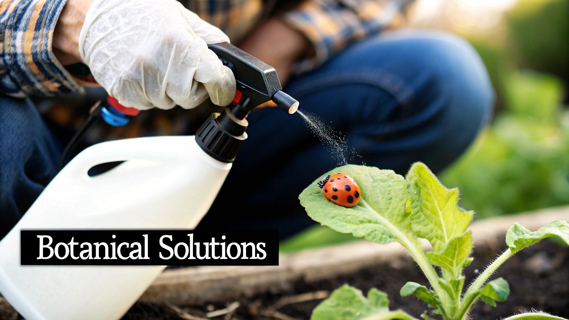 A person in white gloves sprays a green plant with a solution from a bottle, a ladybug rests nearby.