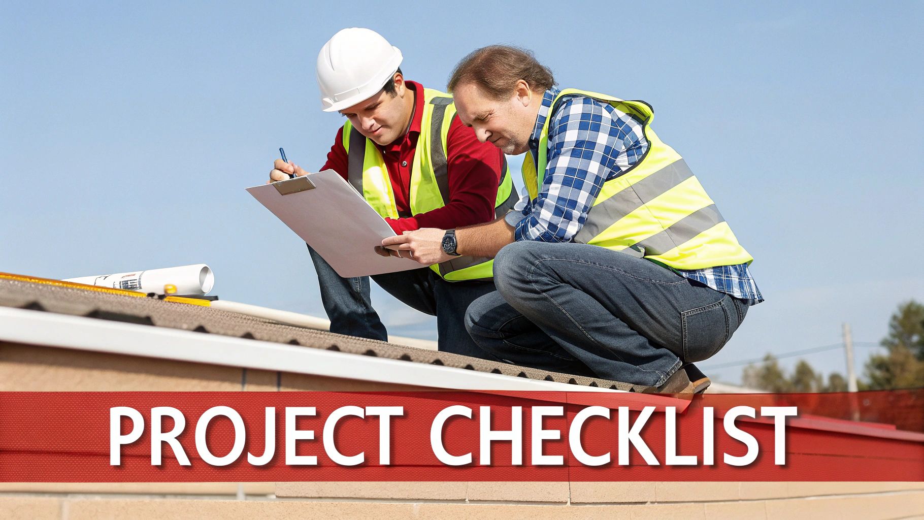 Two construction workers in safety vests on a roof reviewing a project checklist document.