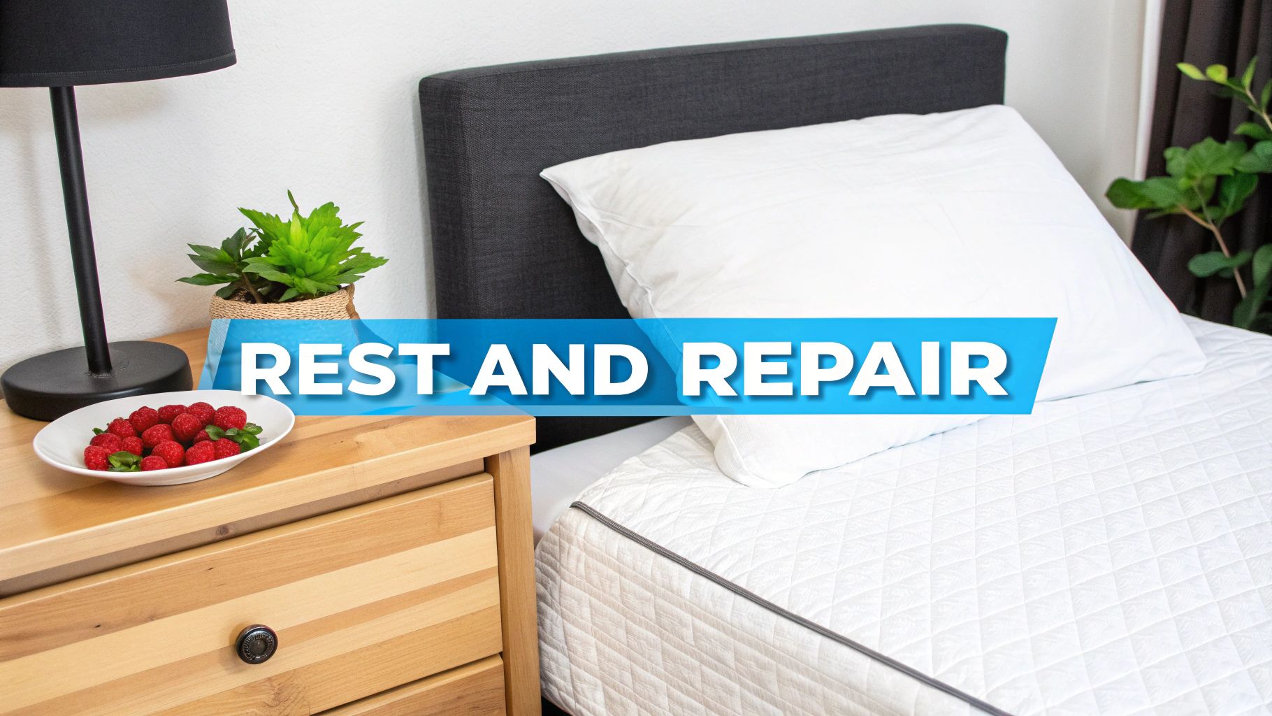 A cozy bedroom with a bed, nightstand, lamp, plant, and raspberries, with 'REST AND REPAIR' text overlay.