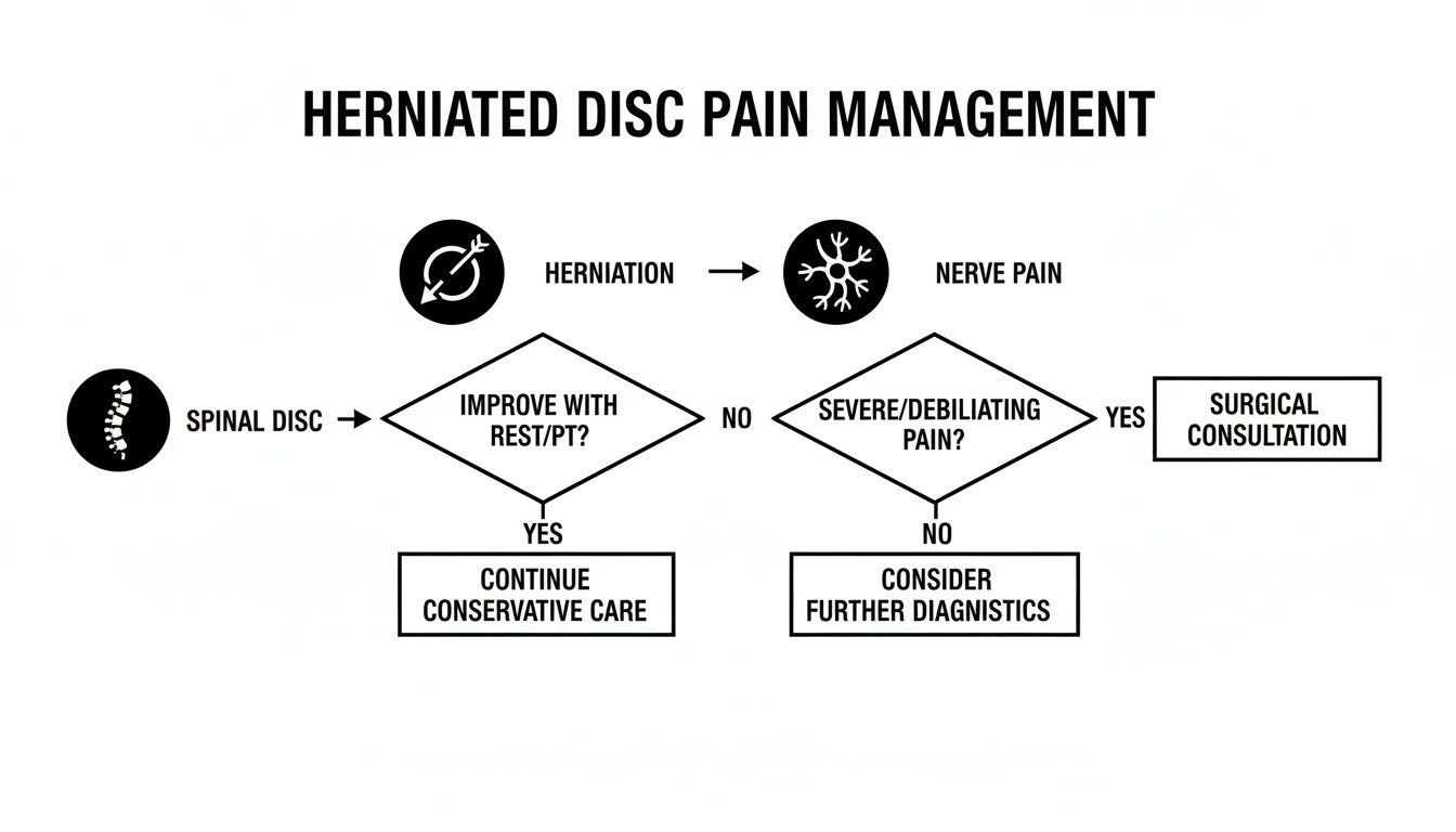 Flowchart illustrating the decision-making process for herniated disc pain management, from conservative care to surgery.