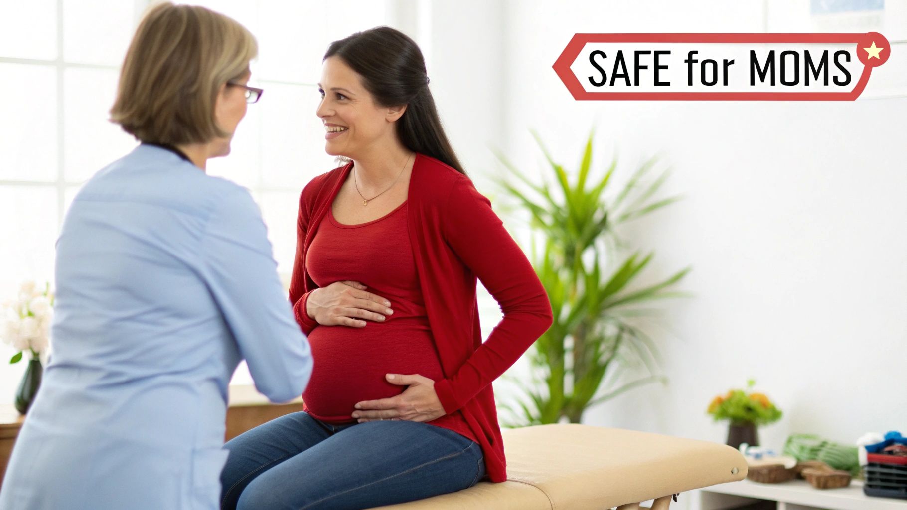 A smiling pregnant woman speaks with a healthcare professional during an appointment.
