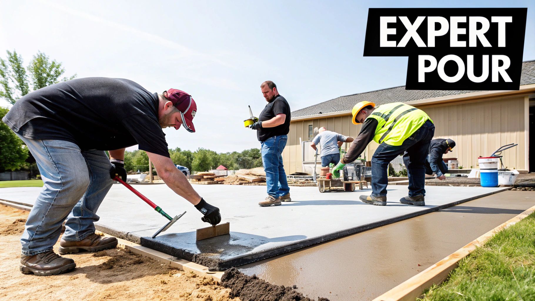 Building the Perfect Concrete Pad Shed Foundation in Pennsylvania & Maryland 5 Construction workers pour and level a new concrete pad for a shed, using various tools under a bright sky.
