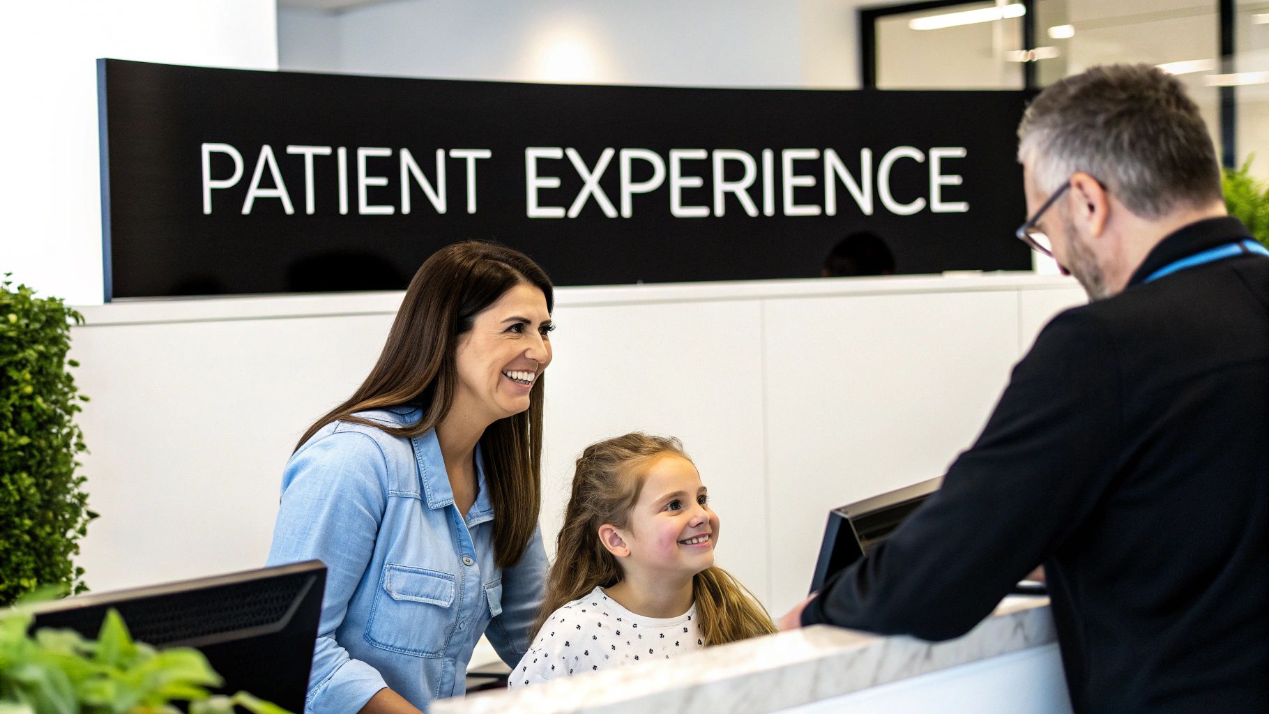 A smiling mother and daughter interact with a receptionist beneath a 'PATIENT EXPERIENCE' sign.