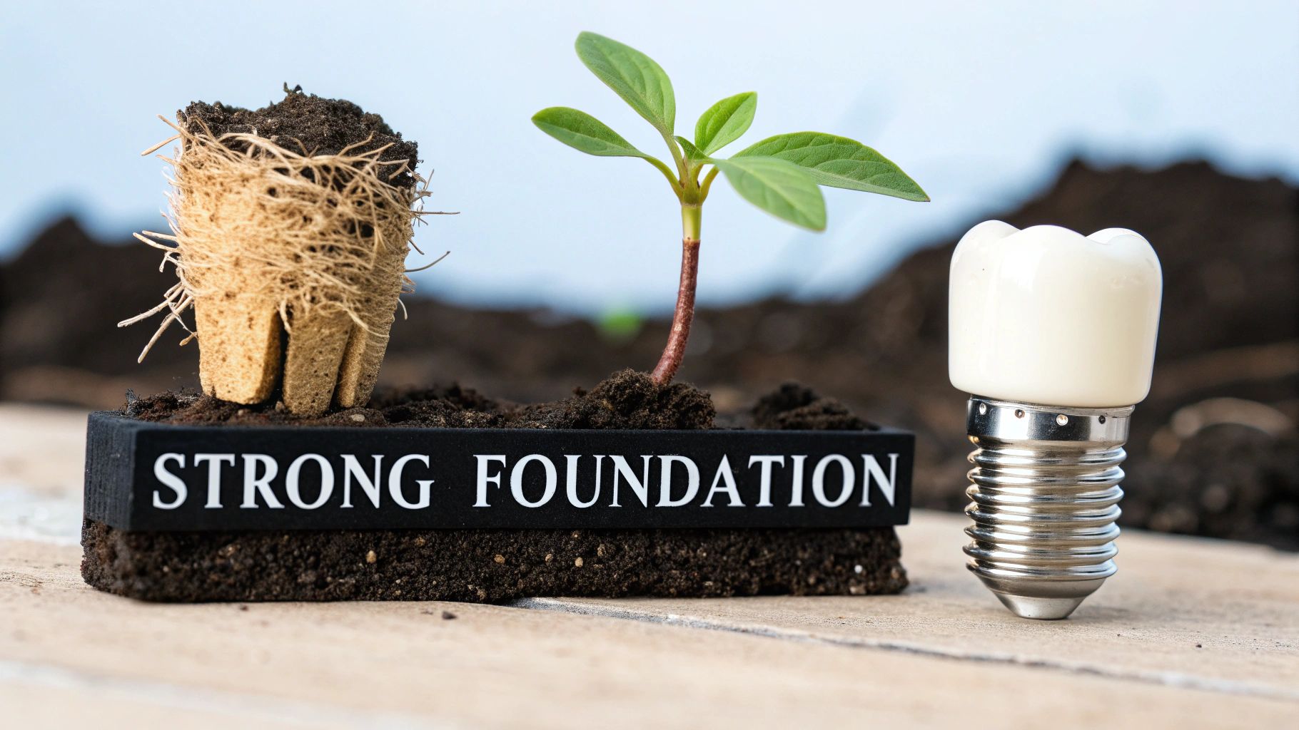 A seedling, root plug, and dental implant next to a 'STRONG FOUNDATION' sign in soil.