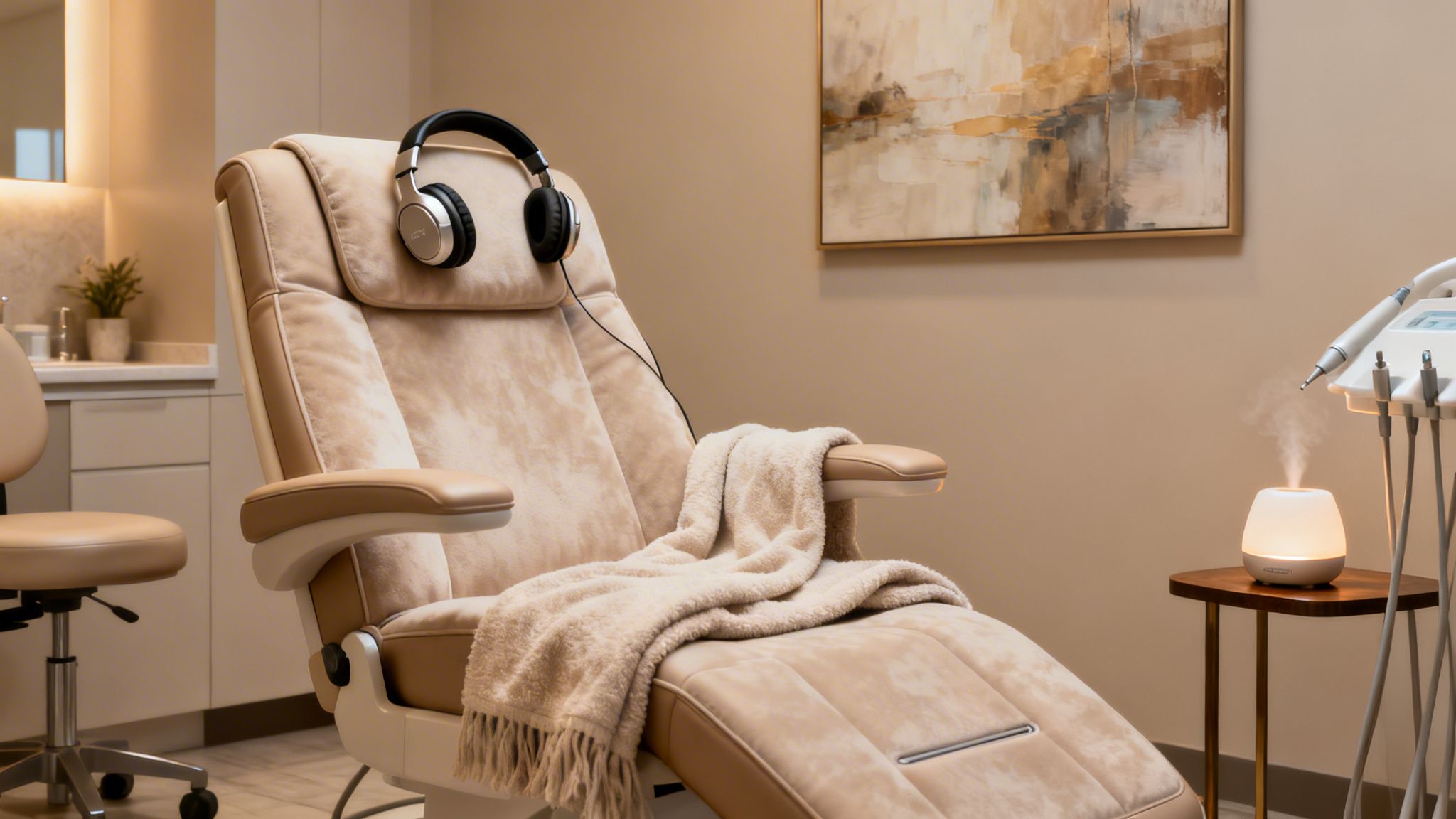 A comfortable dental treatment room with a plush chair, headphones, blanket, and aromatherapy diffuser.