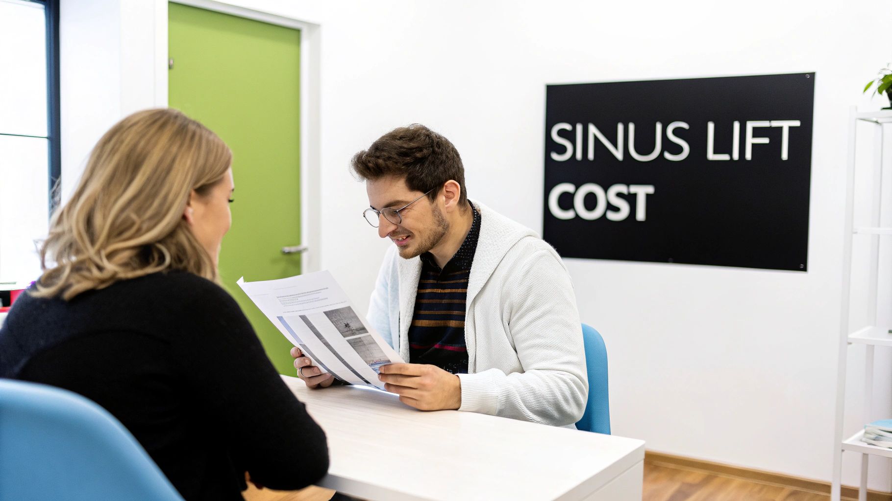 Patient reviewing information about sinus lift cost with a dental professional.