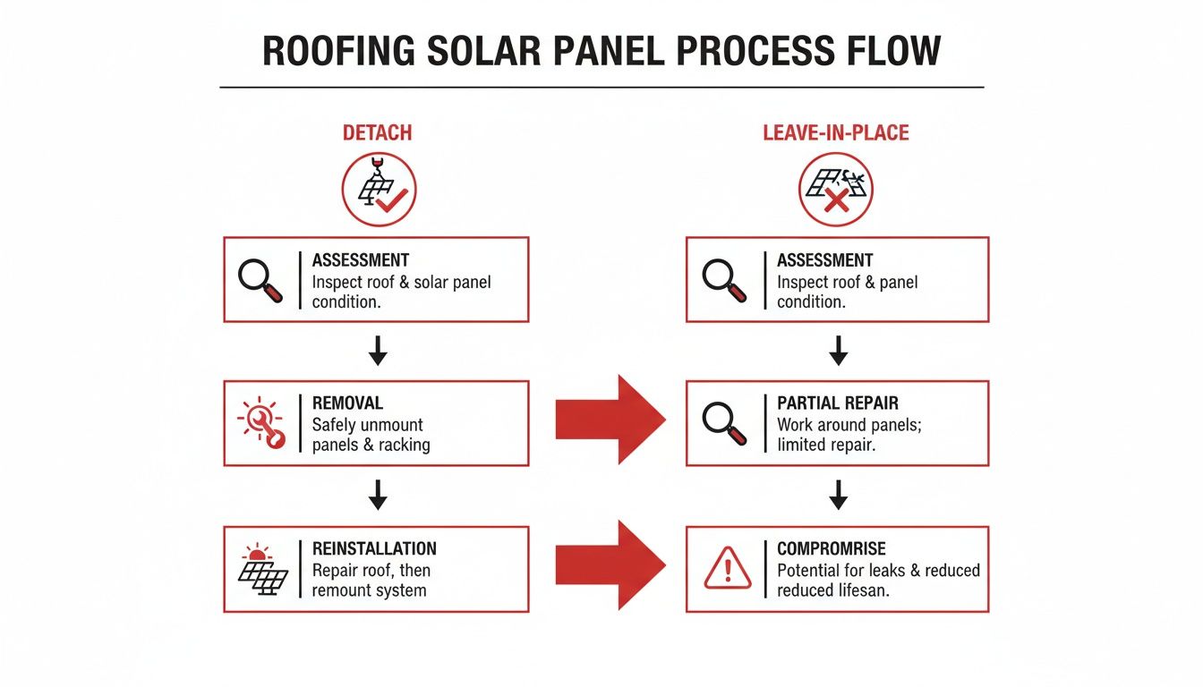 Flowchart comparing detach and leave-in-place methods for roofing solar panels.