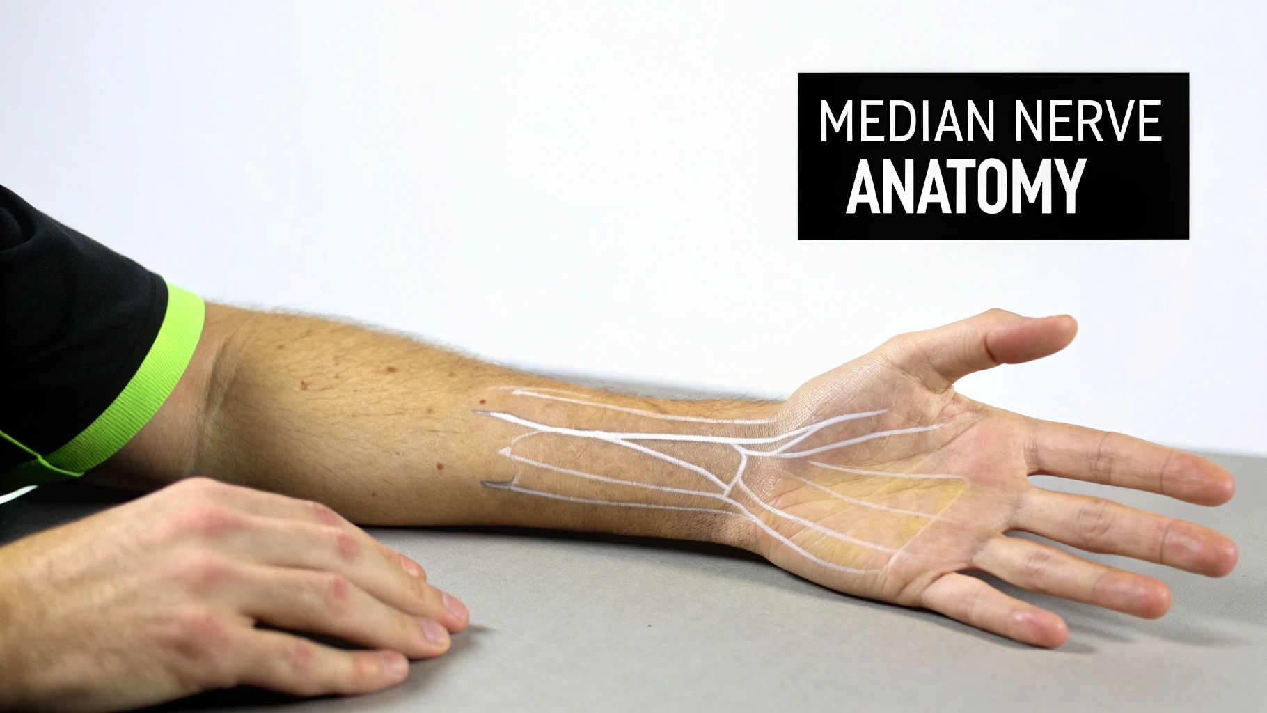 A person's forearm and hand with white lines illustrating the median nerve anatomy on the palm.