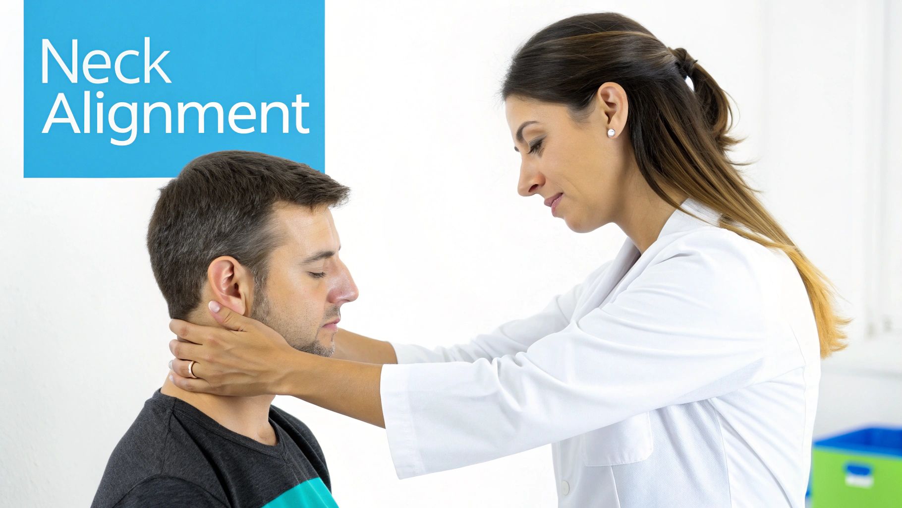 A female doctor or therapist performs a neck alignment check on a male patient.