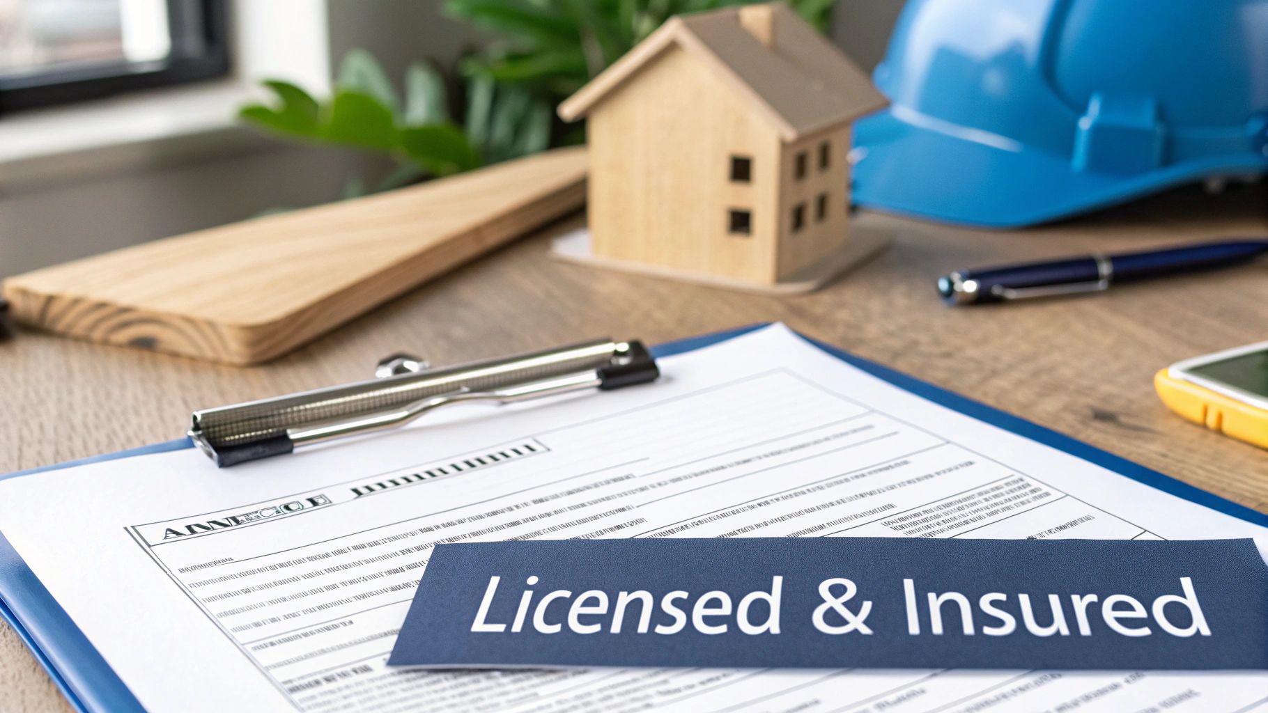 Wheeler Painting and Restoration Services | How to Choose a General Contractor in Puget Sound A desk with a document titled 'Licensed & Insured', a house model, and a hard hat, suggesting construction or real estate services.
