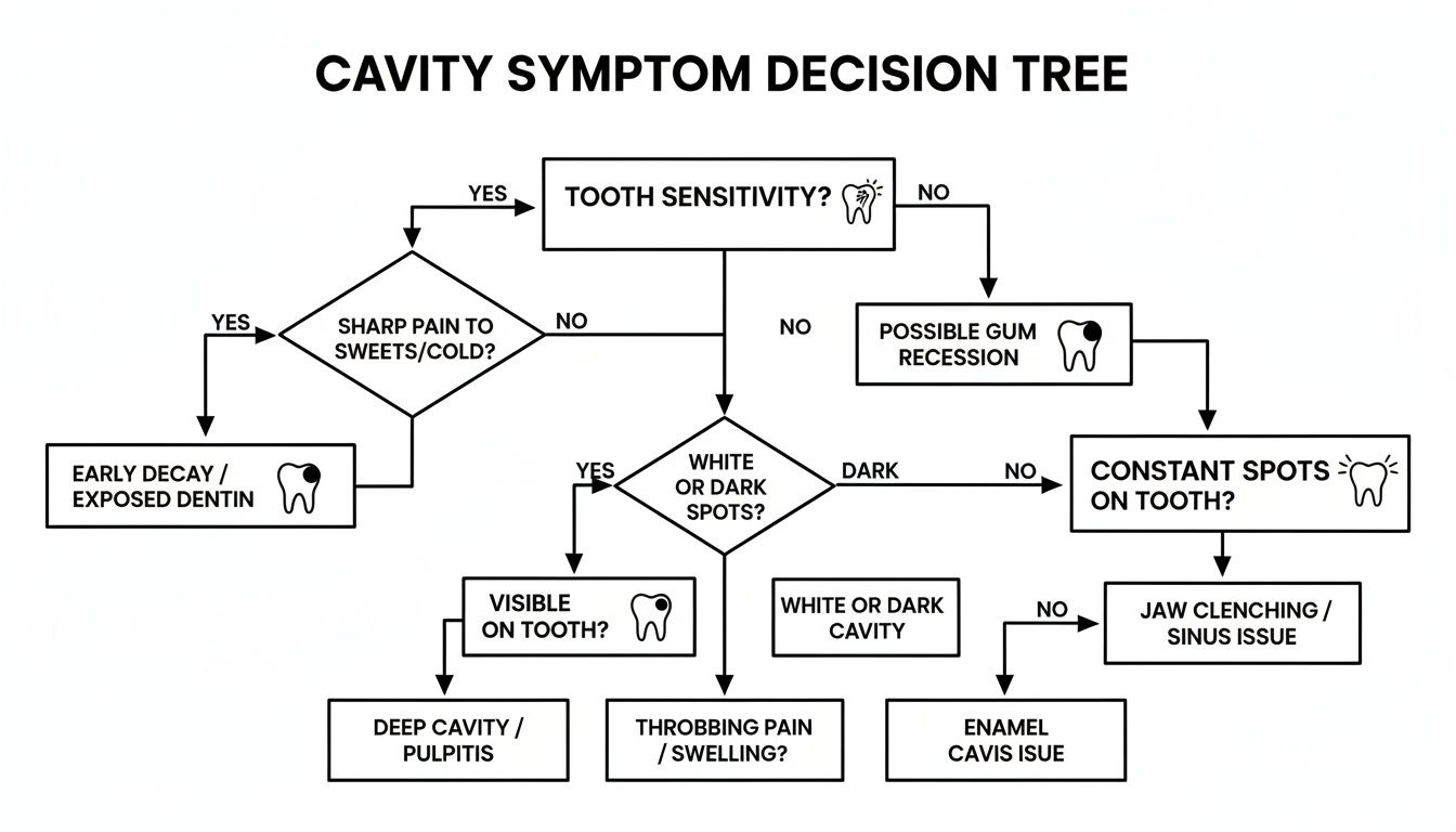 Flowchart for identifying potential tooth cavity symptoms and related dental issues.