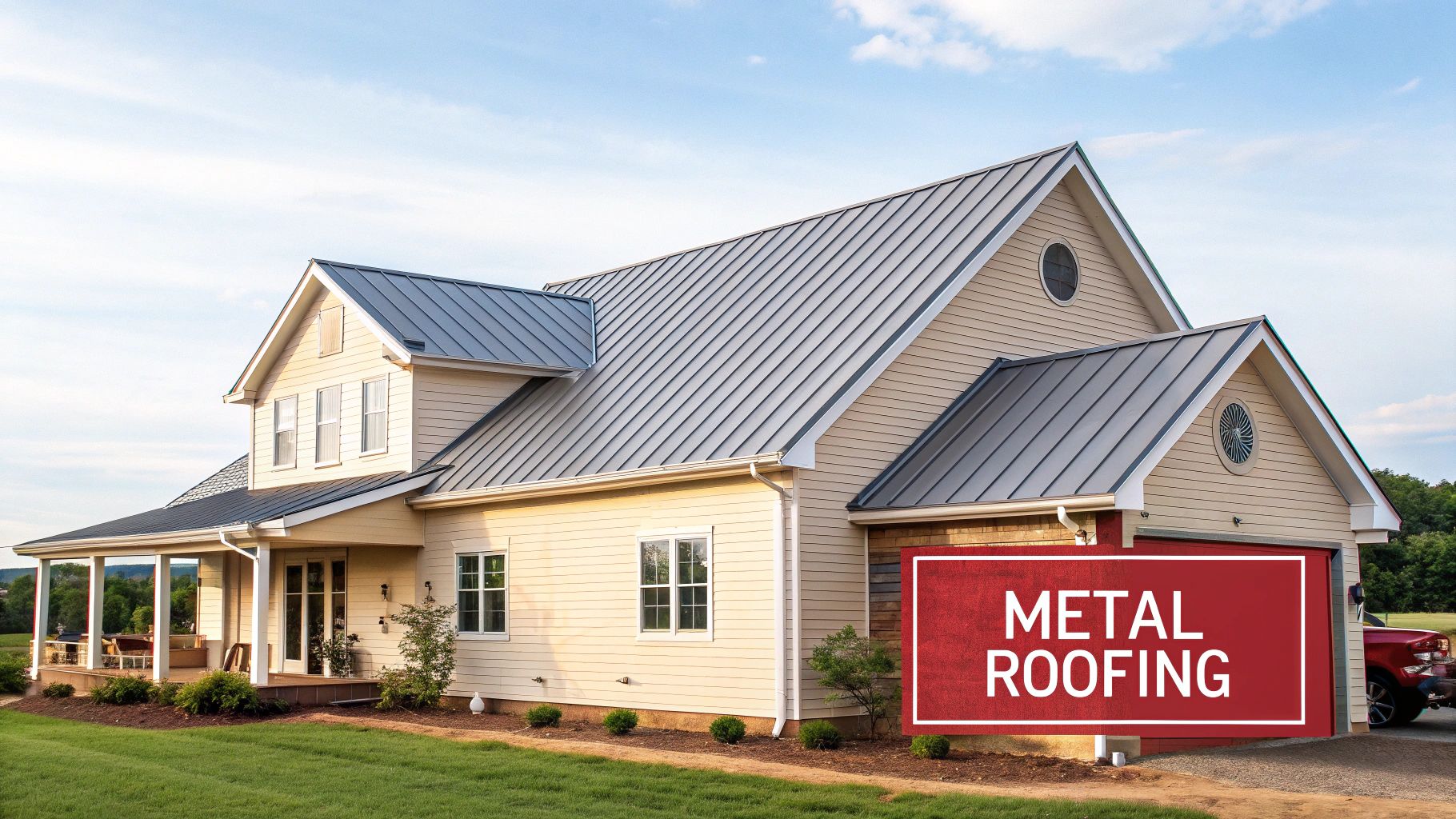 A beautiful modern beige house features a prominent gray metal roof against a clear sky, highlighting metal roofing.