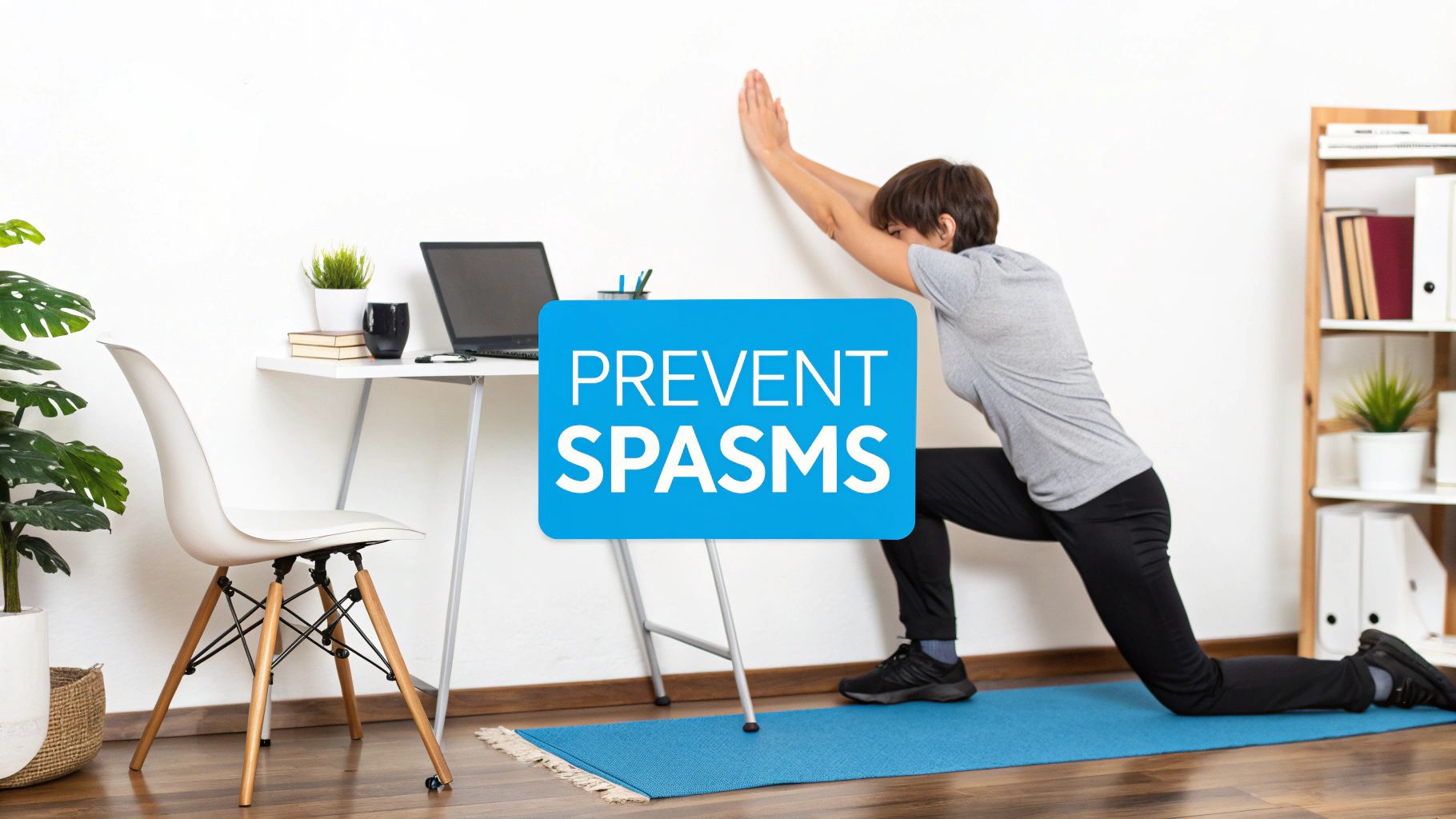 Person performing a lunge stretch against a wall on a mat with a 'PREVENT SPASMS' sign.