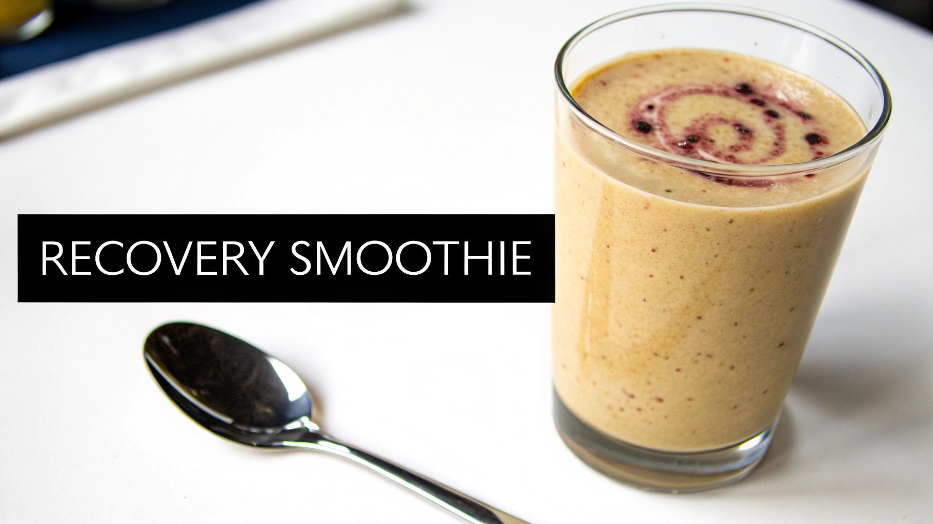 A recovery smoothie in a tall glass with a decorative berry swirl, beside a silver spoon on a white table.
