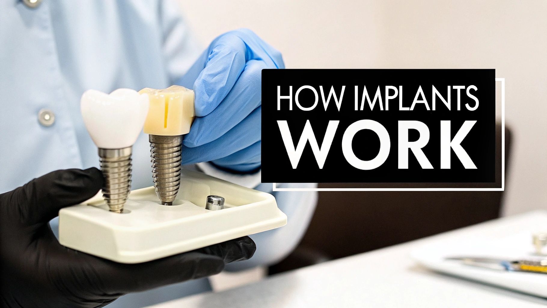 A dental professional demonstrates how dental implants work using a detailed tooth model.