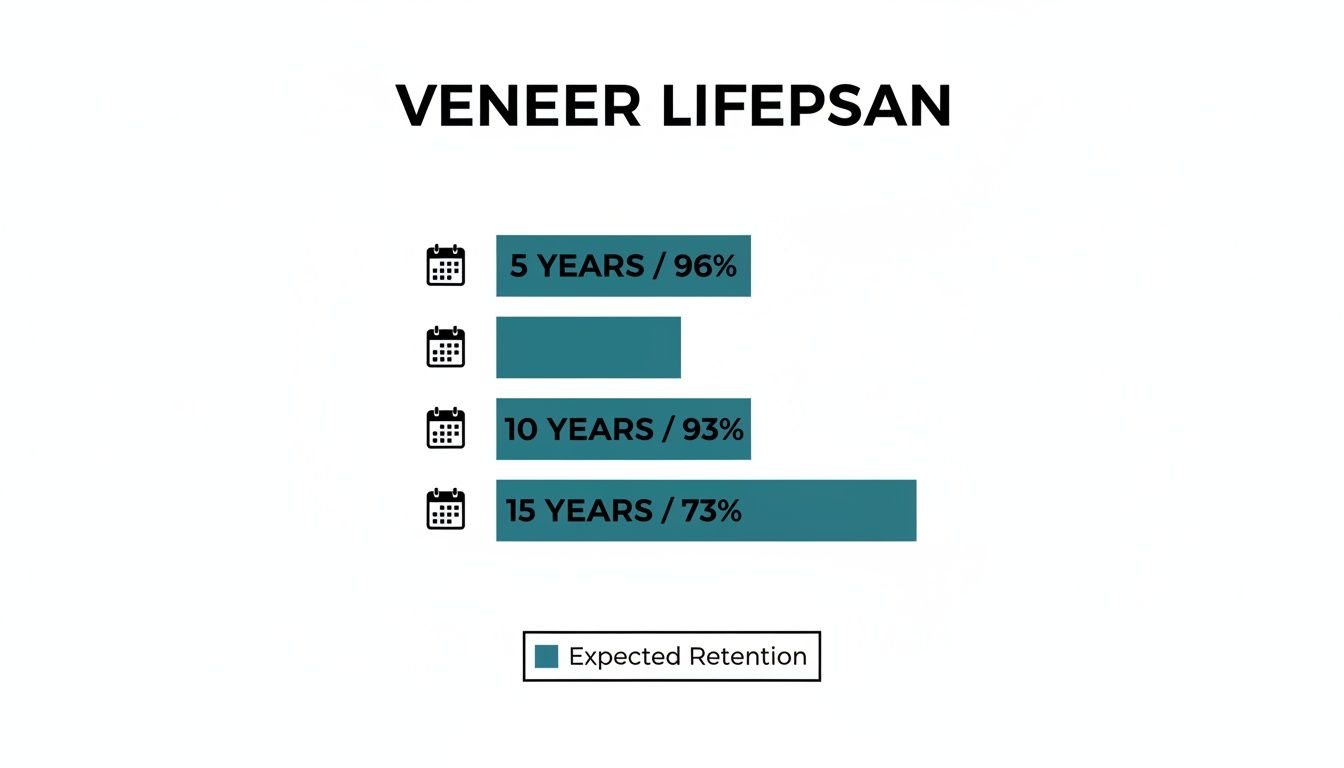 Bar chart showing veneer lifespan with expected retention rates at 5, 10, and 15 years.