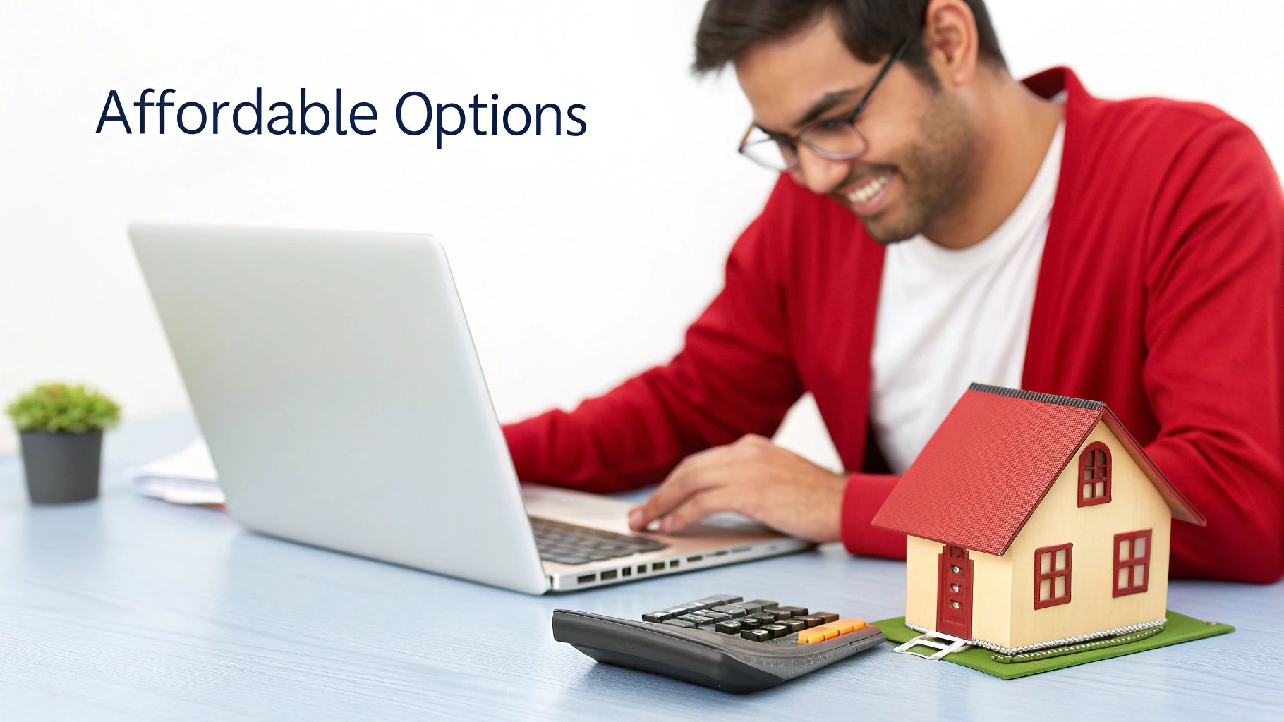 Smiling man on laptop with a model house and calculator, exploring affordable home financing options.