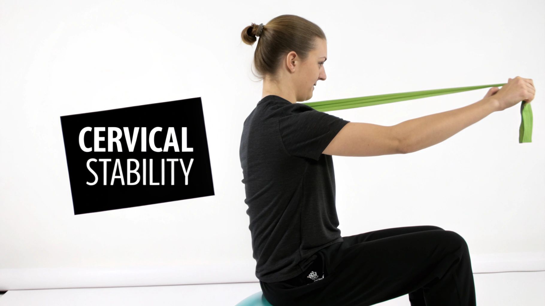 A woman sits on an exercise ball, using a green resistance band for cervical stability exercises.
