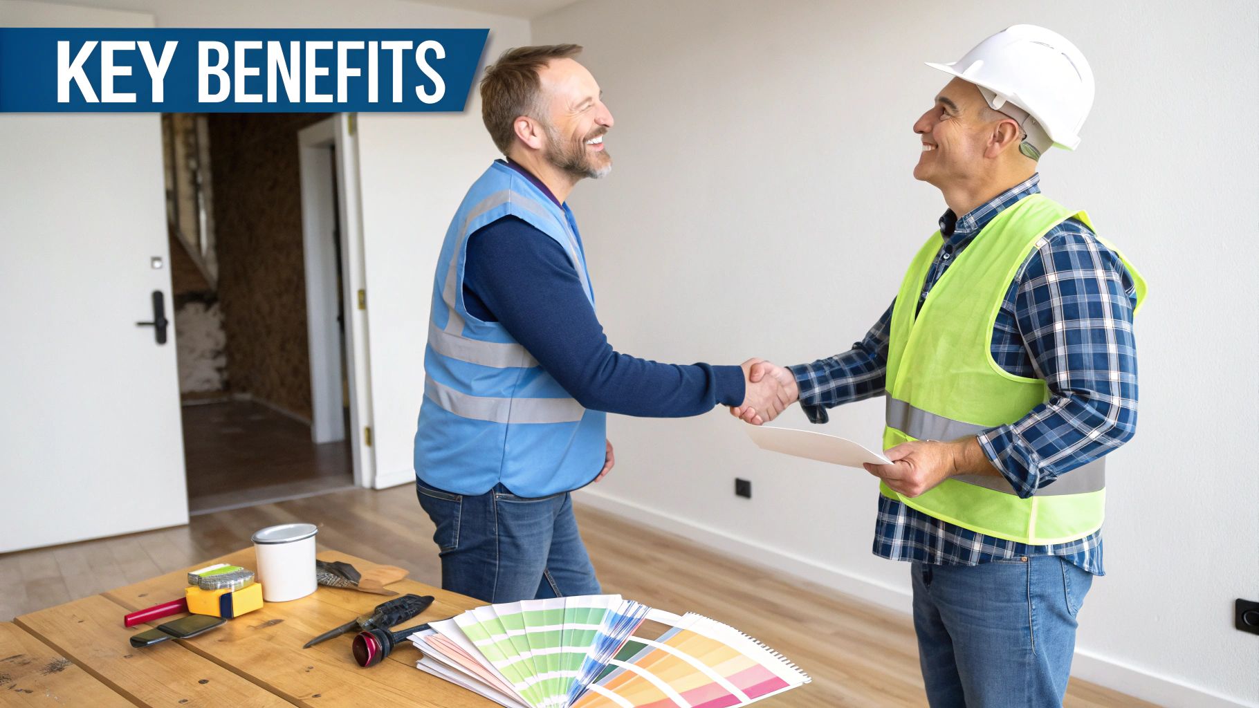 Two smiling construction workers in safety vests shake hands, discussing a design-build project with paint samples.