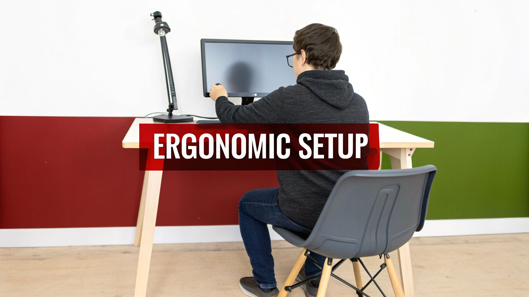 Rear view of a person using an ergonomic computer setup at a desk.