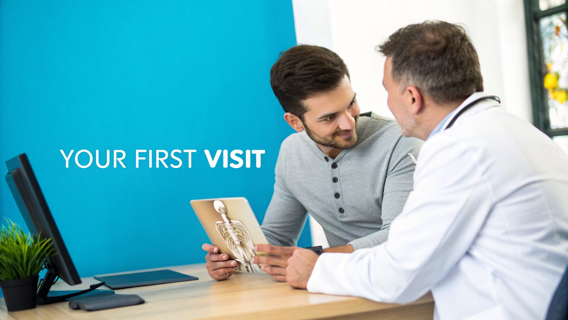 Doctor and patient discussing skeletal anatomy on a tablet during a 'Your First Visit' consultation.