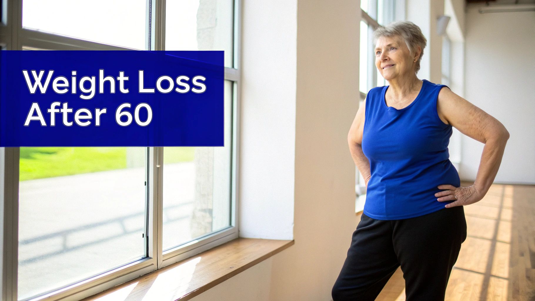 An older woman in a blue athletic top and black pants stands by a window, smiling, with “Weight Loss After 60” text.