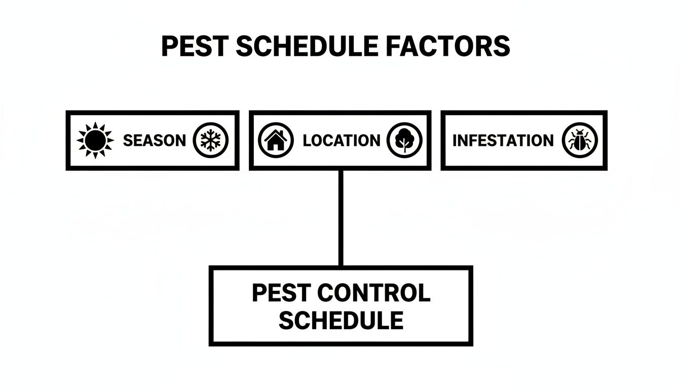 A diagram illustrating season, location, and infestation as key factors for a pest control schedule.