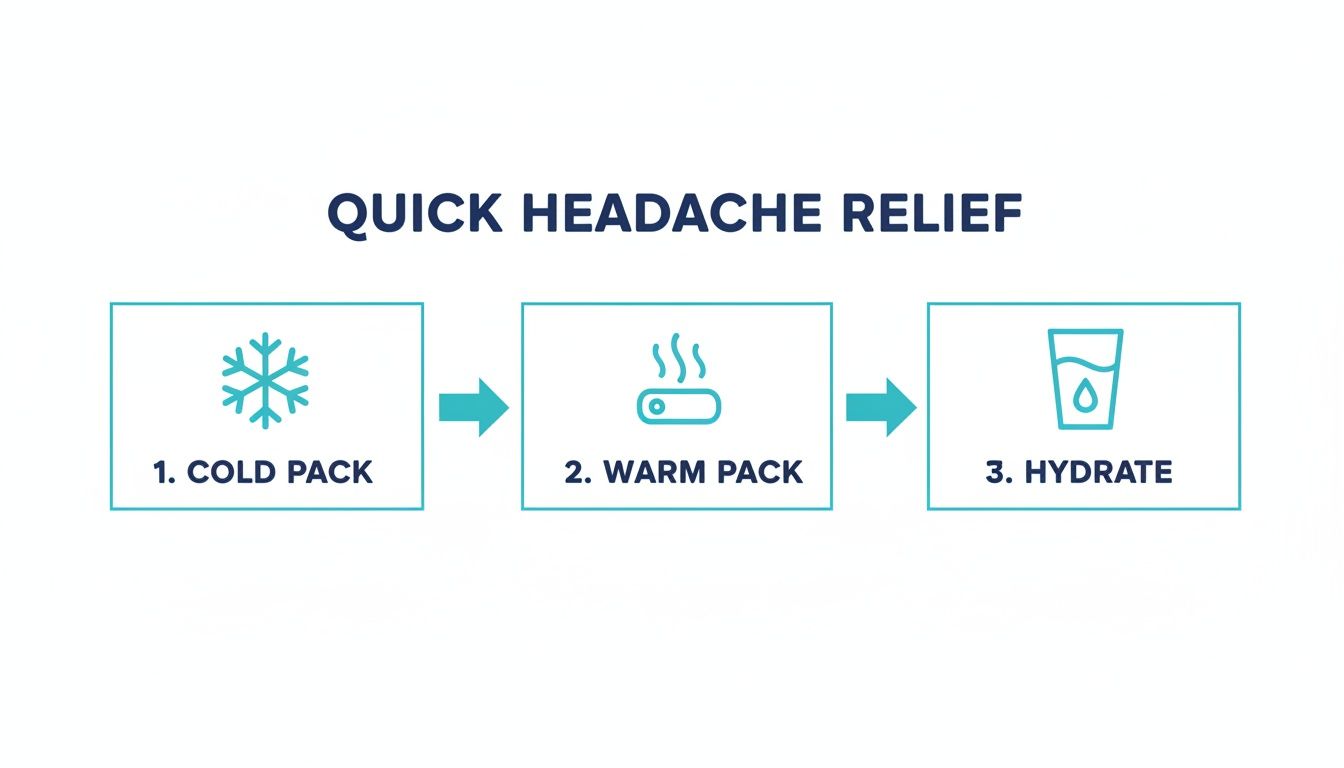 Infographic showing three steps for quick headache relief: 1. Cold Pack, 2. Warm Pack, 3. Hydrate.