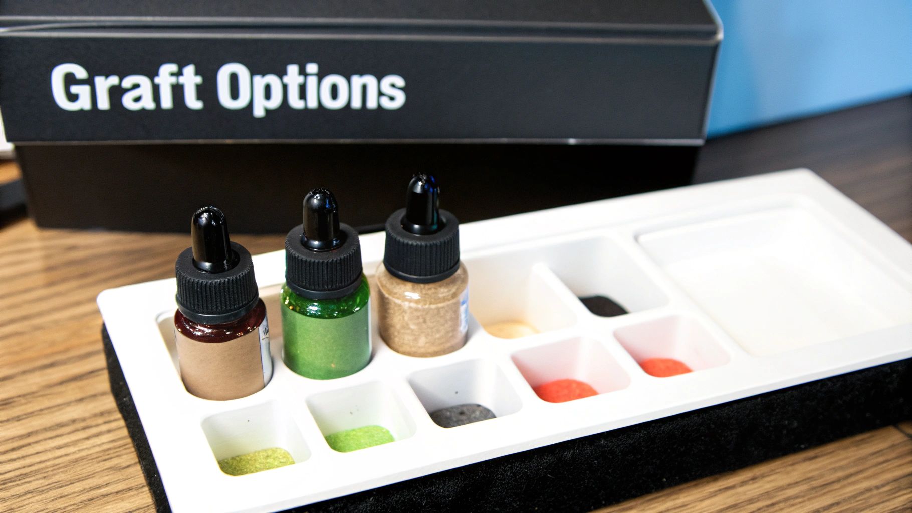 Graft Options kit with dropper bottles and various colored powders in a white tray.