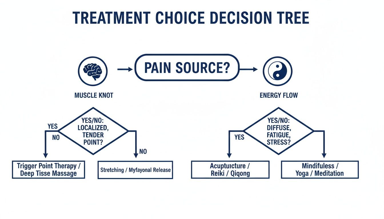 Decision tree guides treatment choice for muscle knots (localized, tender point) or energy flow issues (diffuse, fatigue, stress).