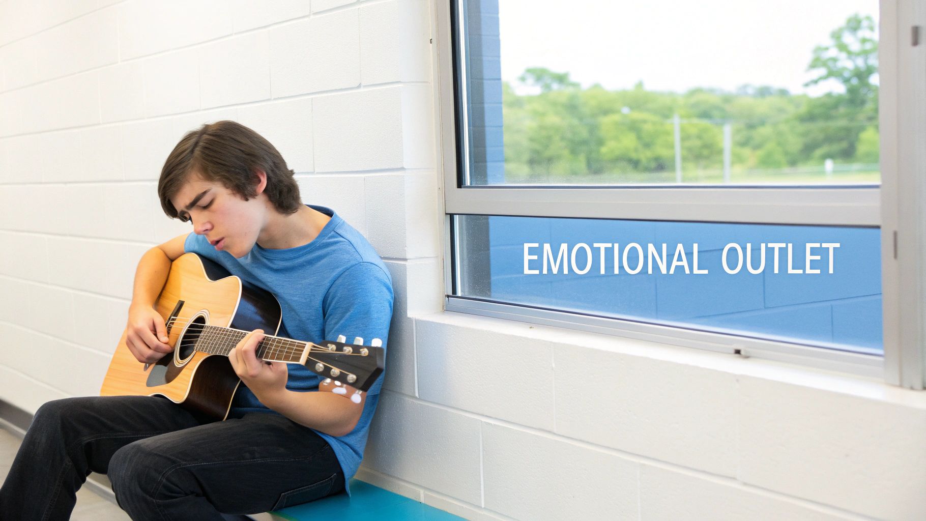 A focused young man with brown hair plays an acoustic guitar by a window, finding an emotional outlet.