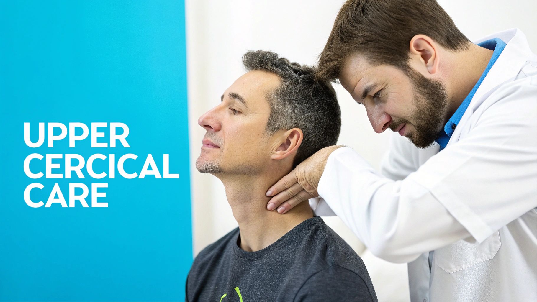 A male doctor examines or adjusts the neck of a male patient for upper cervical care.
